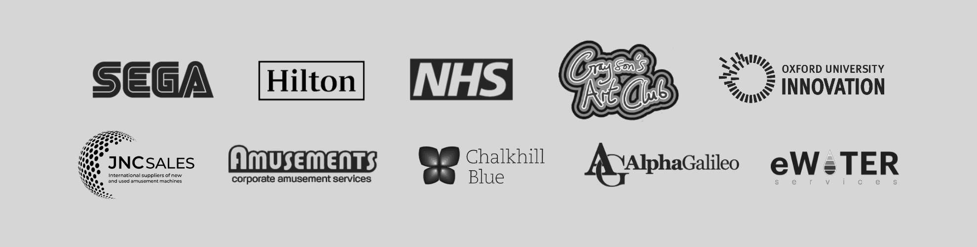 Logos of clients including SEGA, NHS and Hilton Hotels that Digital Trading have worked with